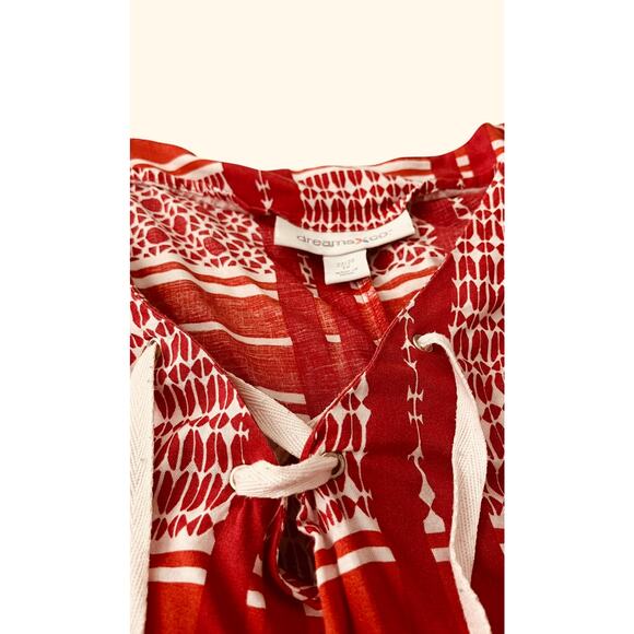 DREAMS & CO. SHORT SLV TIE- UP V-NECK TUNIC LOUNGER, WOMENS, 1X 22/24-RED/WHITE - Picture 2 of 12